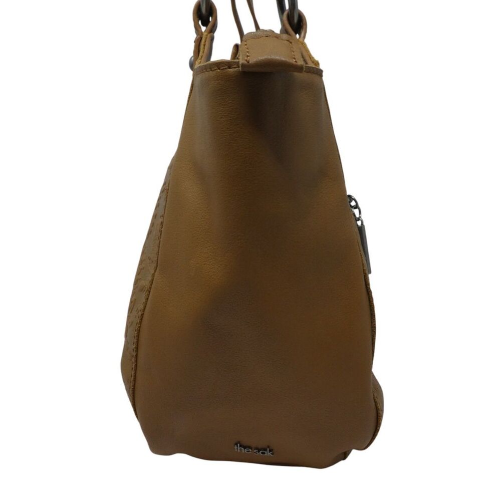 The Sak Bolinas Caramel Brown Floral Embossed Leather Satchel Bucket Bag Purse - Picture 5 of 13